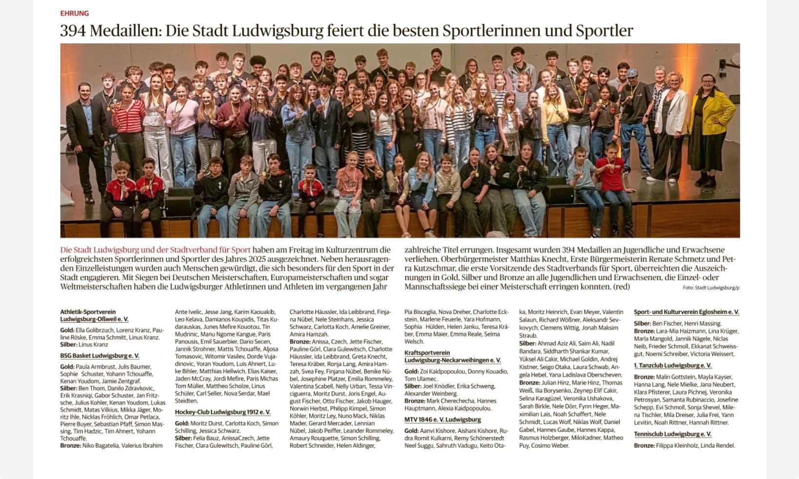 Zwei Bronzemedaillen für den TCL bei der Ludwigsburger Jugendsportlerehrung